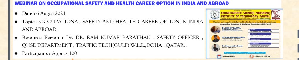 College annual report entry: Dr. Ram Kumar Barathan as resource person for the Occupational Safety and Health careers webinar, 6 August 2021
